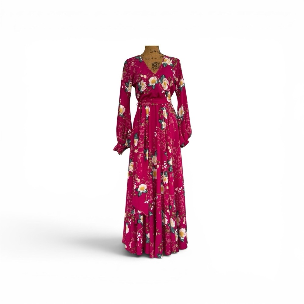 MEGHAN LA Lotus Lily Pad Long Sleeve Maxi Dress in‎ Cranberry Size S